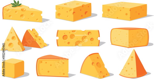 Cheese variety vector collection. Swiss, cheddar and dairy blocks, wedges and wheels. Cartoon food illustration set for menu, packaging and restaurant branding design.