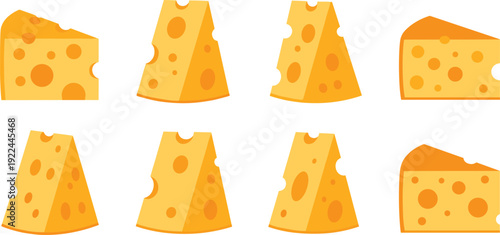 Cheese wedges vector set. Swiss style yellow dairy slices with holes. Cartoon food illustration isolated for menu, packaging and restaurant design.