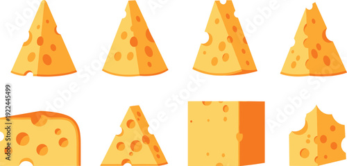 Cheese slices vector set. Swiss and cheddar triangle wedges with holes. Cartoon dairy food pieces isolated for menu, packaging and restaurant design.
