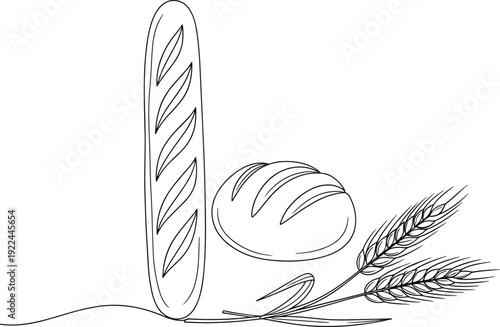 Bread line art vector illustration. Baguette, round loaf and wheat ears sketch. Minimal bakery outline drawing for logo, packaging and menu design.