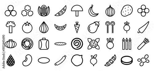 Vegetable and plant-based ingredient line icons for healthy lifestyle and culinary designs. Minimalist monoline pictograms for organic food branding and digital menus.