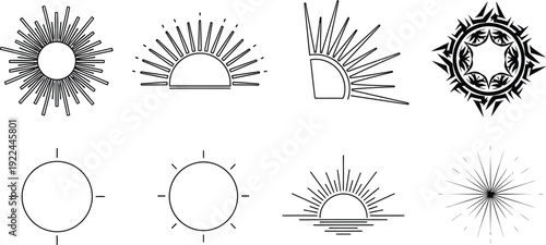 Vector collection of sunburst and sun icons featuring minimalist line art designs ideal for web app and branding projects isolated on white background