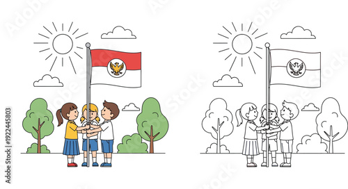 Indonesian students raising national flag with Garuda emblem. Vector cartoon illustration with colored and black outline coloring book page.