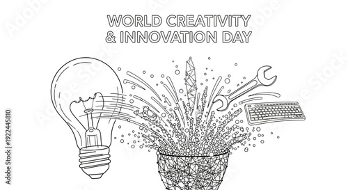World Creativity and Innovation Day: Lightbulb, Plant, Keyboard, Wrench - Line Art
