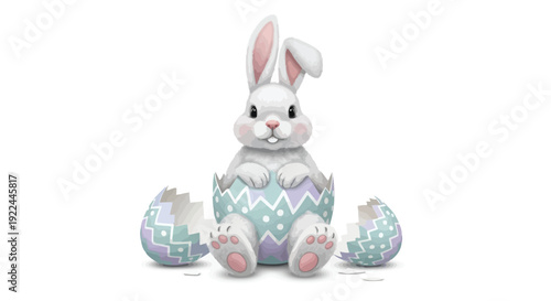 Adorable cartoon easter bunny emerging from a colorful cracked egg shell