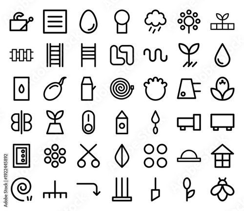 Sustainable agriculture and organic gardening monoline icons featuring botanical growth, irrigation tools, and eco-friendly farming symbols in a chunky geometric style.