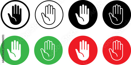 Set of stop hand icons in various colors and styles