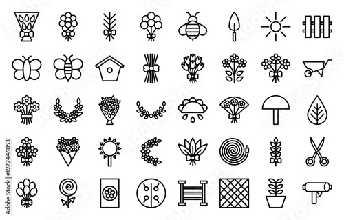 Spring gardening and floral arrangement monoline elements for boutique branding. Minimalist botanical pictograms featuring blossoms, horticulture tools, and meadow insects.