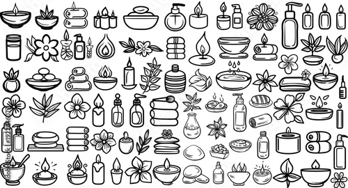 Vector illustration icon spa pattern, wellness, beauty, relax, massage, health, skin, therapy, treatment, care, luxury, floral, natural, bamboo, stone, candle, flower, lotus, skincare, cosmetic, salon
