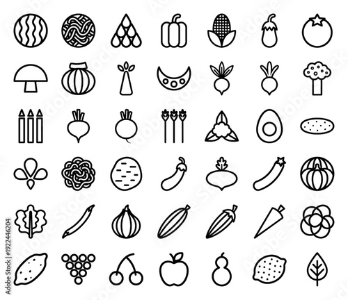 Fresh organic produce and healthy lifestyle ingredients in a uniform monoline aesthetic. Minimalist vegetable and fruit outline pictograms for culinary apps and nutrition infographics.
