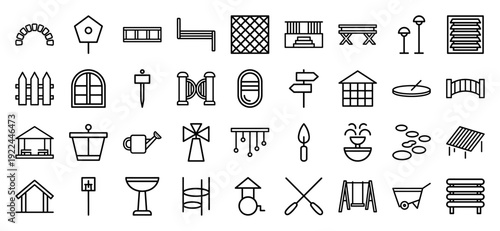Garden architecture and outdoor landscaping monoline icons featuring backyard furniture, horticulture tools, and decorative exterior design elements.