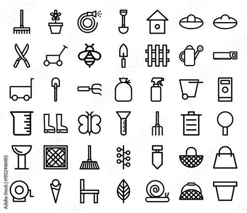 Gardening and landscaping outline icons featuring horticultural tools and backyard maintenance equipment. Professional monoline pictograms for botanical design and urban farming projects.