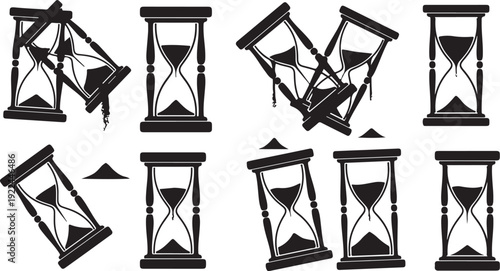 Collection of broken hourglasses in various positions and states