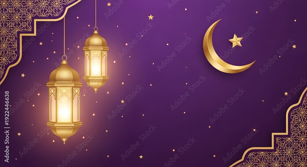 Fototapeta premium Golden lanterns and crescent moon shining brightly in a starry night sky with festive decorations