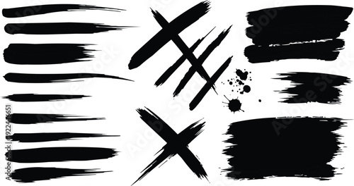 The image features a dynamic arrangement of black brush strokes on a white background, creating a visually engaging composition