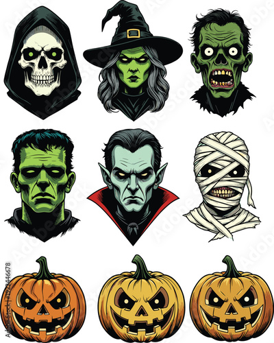 Halloween monster character set featuring spooky witch, vampire, zombie, mummy, frankenstein, grim reaper, and jack o lantern pumpkins, isolated vector illustration, horror.