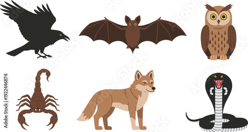 Flat vector illustration set of nocturnal animal collection including crow bat owl scorpion wolf and cobra snake for night wildlife nature education concept.