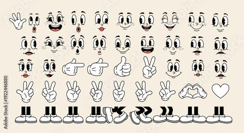 A collection of vintage cartoon character facial expressions, hands, and feet, rendered in a classic animation style.