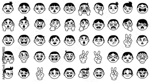 A large collection of diverse cartoon faces expressing a wide range of emotions and gestures, presented in a grid format.