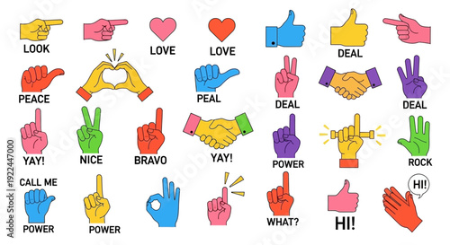 A comprehensive collection of hand gestures and symbols representing various emotions, actions, and communication cues.