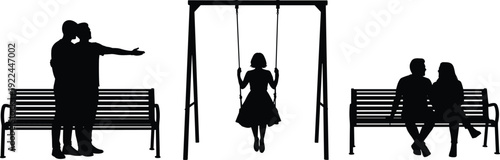 Active diverse family silhouettes running jogging cycling on bicycle and riding kick scooter in park outdoor fitness activities flat vector illustration for lifestyle and healthy exercise.