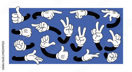 A collection of cartoon hands in various poses and gestures, set against a blue background.
