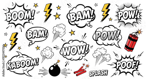 A collection of comic book style sound effect words and imagery, including explosions, lightning, and stars.