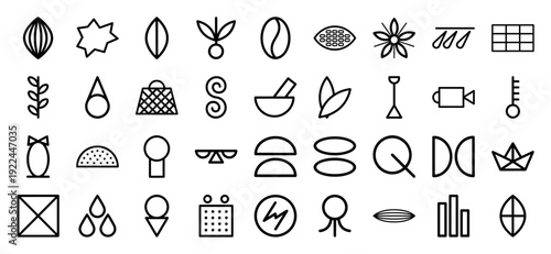 Abstract monoline geometric symbols and botanical elements for organic branding. Minimalist linear pictograms featuring nature-inspired shapes and modern technical icons.