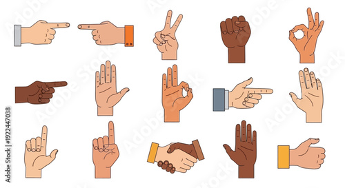 Collection of diverse hands performing various gestures and actions, including pointing, counting, and shaking hands.