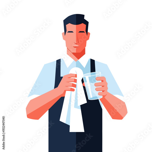 Bartender polishing glass with cloth, service, hospitality, profession