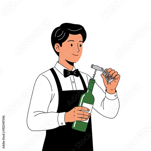 Bartender opening wine bottle with corkscrew, isolated on white background