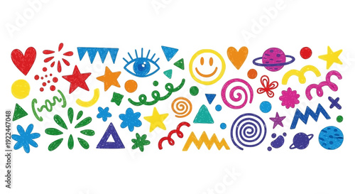 A vibrant and colorful collection of playful, abstract shapes and symbols, including hearts, stars, eyes, planets, and confetti, arranged in a lively pattern.