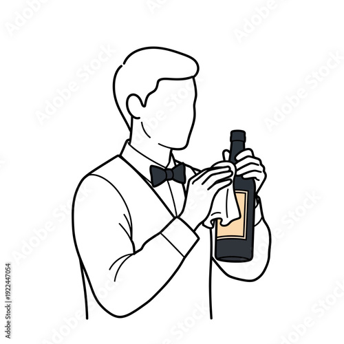 Bartender polishing wine bottle with cloth, minimalist illustration