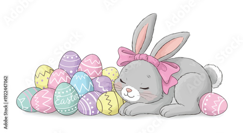 Adorable easter bunny sleeps peacefully surrounded by decorated eggs on easter morning holiday