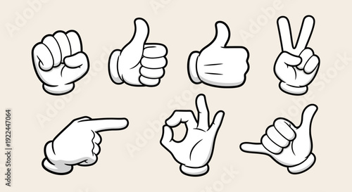 Collection of cartoon-style white gloved hands making various gestures like thumbs up, pointing, and peace sign.