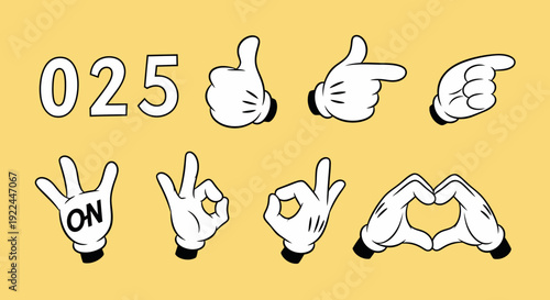A collection of cartoon hands and numbers, including "025", thumbs up, pointing fingers, and a heart shape.
