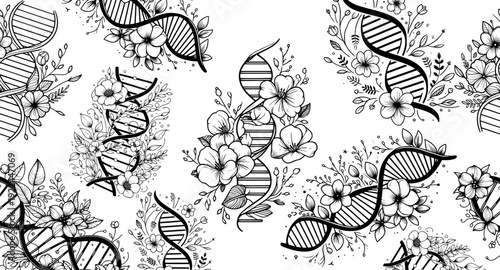 vector DNA with flower seamless pattern genetic, floral, background, biology, science, helix, nature, illustration, blossom, design, molecule, structure, gene, biotechnology, 