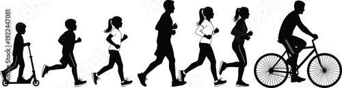 Active diverse group silhouettes running cycling and riding scooter in park, outdoor family fitness activities flat vector illustration isolated on white background for lifestyle concepts.