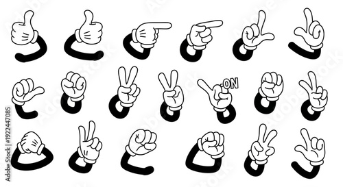 A collection of cartoon hands in various poses and gestures, rendered in a classic animation style with white gloves and black sleeves.