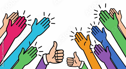 A diverse group of people clapping and giving thumbs up in celebration.