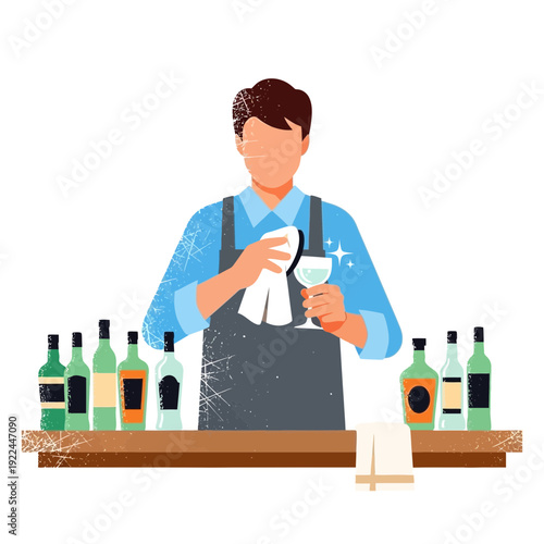 Bartender polishing glass with towel behind bar with bottles