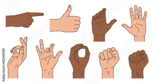 A collection of diverse hands displaying various gestures and symbols, including pointing, thumbs up, and fist.