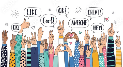 A diverse group of hands raised in the air, expressing positivity and approval with various gestures and speech bubbles.