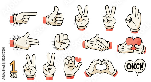 A collection of cartoon hands making various gestures and symbols, including pointing, thumbs up, peace signs, and a heart shape.