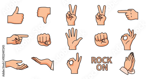 Collection of diverse hand gestures and icons representing various emotions and actions.
