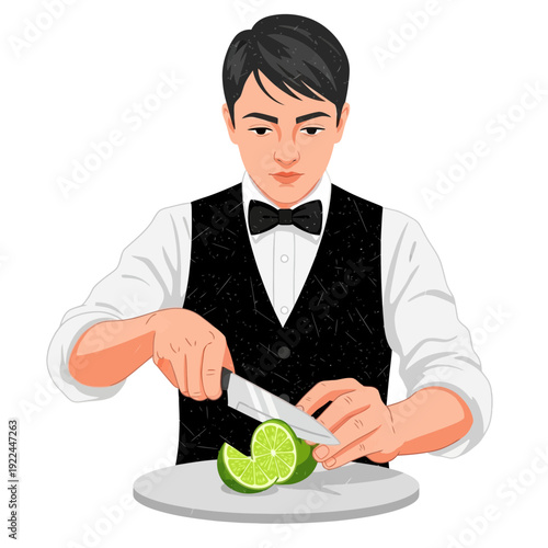 Bartender slicing lime for cocktail preparation