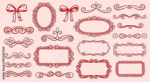 A collection of decorative red ornamental frames and bows, hand-drawn in a vintage style on a pink background.