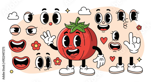 A vintage cartoon tomato character with various facial expressions and body parts for animation.