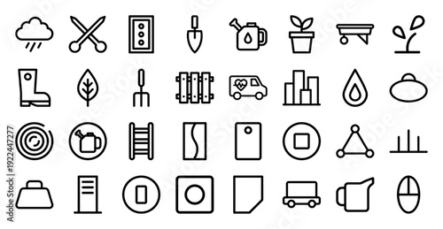 Agriculture and industrial logistics monoline icons. Minimalist geometric pictograms for gardening tools, rural infrastructure, and distribution fleet services.