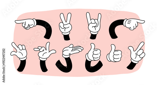 Collection of cartoon hands making various gestures and signs against a pink background.